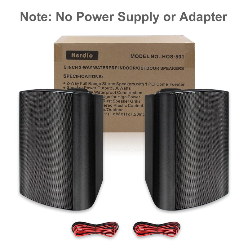 Herdio 5.25 Inches Passive Outdoor Speakers Wired Waterproof, 300 Watts Wall Mount Speakers All Weather for Patio Indoor Deck Countryard (1 Pair, Black) - Image 3
